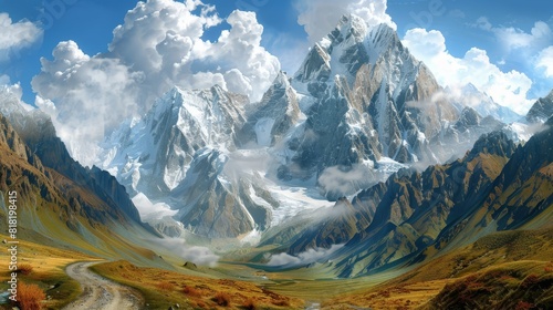  A painting of a mountain range with a dirt road winding through the foreground and a cloud-filled sky overhead