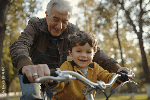 Grandfather patiently teaching his grandson how to ride a bike in a park, capturing a heartwarming bonding moment