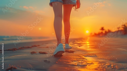  A woman strolls along the beach at sunset, toes sinking into the sand; sun sets behind her, backdrop