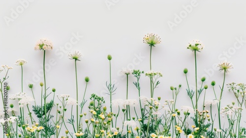  White flowers congregate against a pristine wall, their stems an emerald contrast Yellow and white blooms dominate the foreground