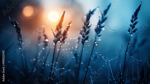  A tight shot of wet grass dotted with water droplets, sun casting background rays