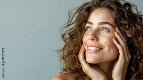 A woman with freckles sprinkled across her face poses for a photo, her hands gently framing it