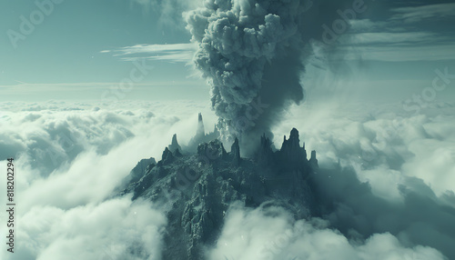 An aerial view of a volcano erupting amidst cumulus clouds, creating a stunning natural landscape against the sky. A mesmerizing meteorological phenomenon in a vast horizon