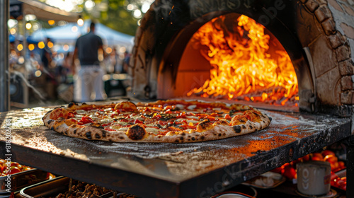 A pizza is being cooked in a wood-fired oven
