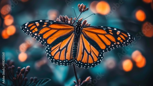 A tight shot of a butterfly on a plant with indistinctive lights in the backdrop and an out-of-focus area of lights behind
