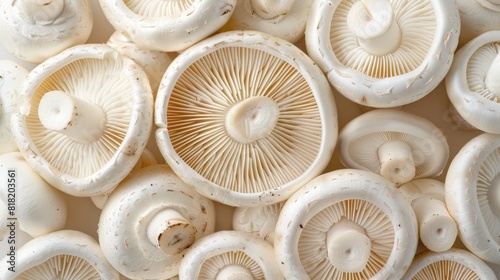  A tight shot of several mushroom halves, suggestively consuming from an equal portion of others