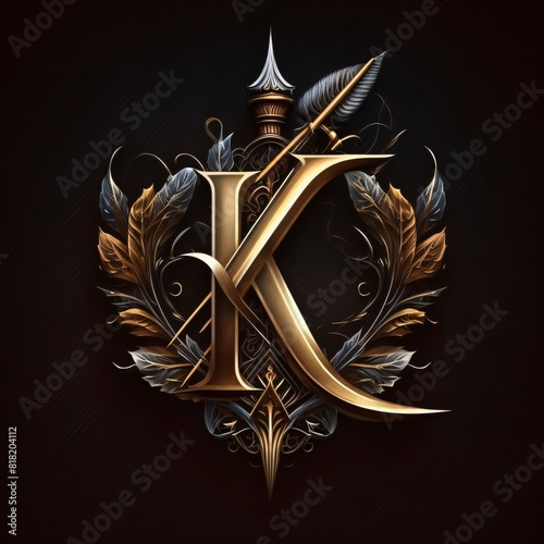 Luxury golden letter K with shield, crown and arrows.