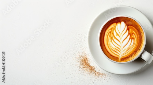  A saucer holds a cup of cappuccino Its surface is adorned with a single, intricately drawn leaf Sprinkles decorate the rim