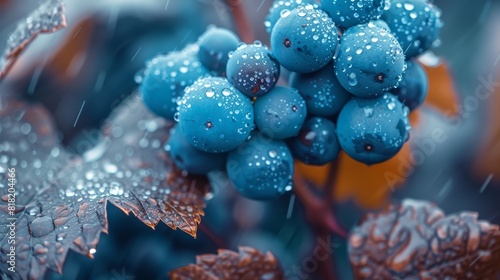  A collection of blue berries atop a leafy tree branch, amidst the rain Droplets adorn both the leaves and the ripe fruits, as raindrops cas