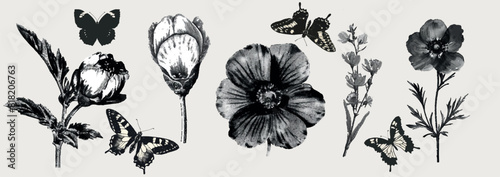 Flower, butterfly, chamomile, chrysanthemum, lavender with monochrome vintage photocopy effect, y2k collage design. Stipple halftone retro design elements. Vector for grunge punk surreal poster