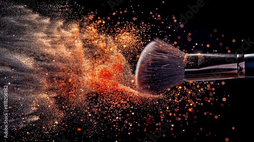  A tight shot of an orange and yellow-speckled brush against a black backdrop, with a smatter of orange dust forming a splash