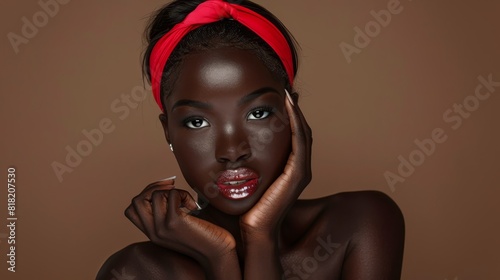  A woman in a red headband touches her cheek thrice against a brown background