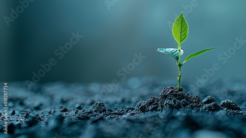  A tiny green plant emerges from a mound of dirt against a backdrop of a clear blue sky Atop the earth, a solitary green leaf sprout unfurls