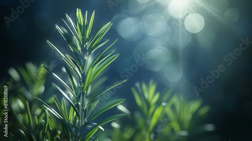  A tight shot of a green plant with softly blurred light originating above, and a hazy background of out-of-focus plant leaves