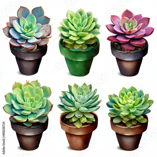 6 succulents in pots, clipart set isolated on white background with margins, soft muted colors, high resolution photo, professional photograph, highly detailed, no contrast, clean sharp focus