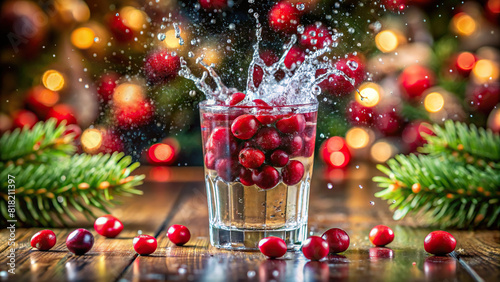 A handful of cranberries dropped into a glass of water, creating a festive splash amidst luxury surroundings