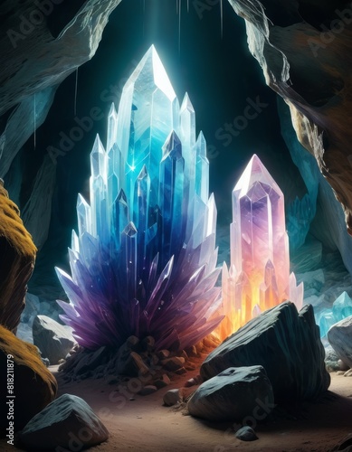 Majestic crystals of varying colors glow brightly in a dark underground cave, creating a mystical ambiance.
