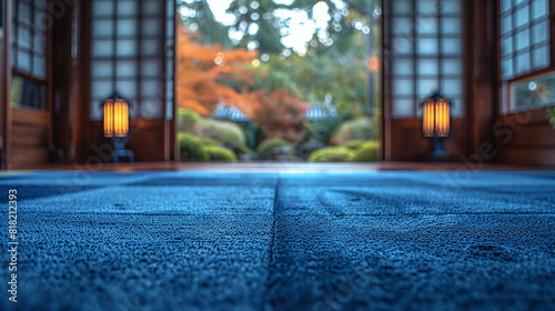 ground level photography of blue eva rubber tatami, japanese taewondo or karate empty salon, martial arts