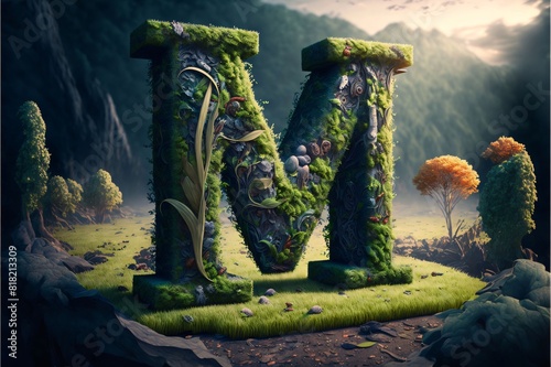 Alphabet made of green moss in the forest. 3D rendering letter M