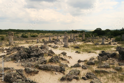View over the stone forest of Pobiti Kamani, many stone pillars are rising from a desert-like landscape near Varna, Bulgaria