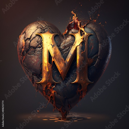 Burning metallic heart with letter M. 3d render on dark background