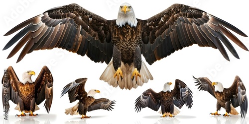 Collection of North American bald eagles in various poses on white background. Concept Wildlife photography, Bald eagles, North American birds, Animal portraits, Bird poses on white background