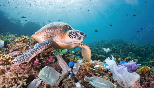 Turtle underwater dirty ocean from plastic junk waster, Aquatic animal impact from garbage in the sea.