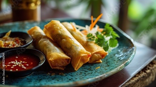 close up Thai crispy fried spring roll with sweet and sour chili sauce