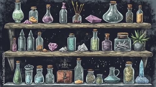 Illustration of occult magic magazine and shelf with various potions, bottles, poisons, crystals, salt. Alchemical medicine concept 