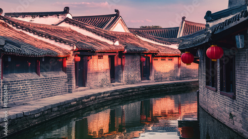 photography of a serene antique traditional chinese town with rustic charm of the tiled roofs and stone pathways, ancient architecture, golden hour