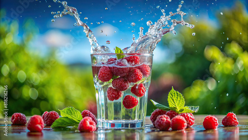 A cascade of luscious raspberries splashing into a glass of water, creating a refreshing sight against a backdrop of lush greenery and a clear blue sky