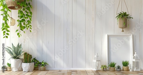 white wooden wall with plants and lanterns, white frame mock up on the right side, bright daylight, photorealistic,