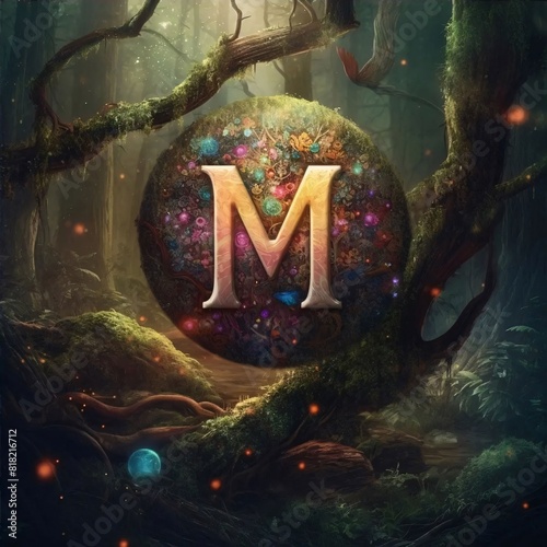 Mystical forest with letter M in the form of a circle