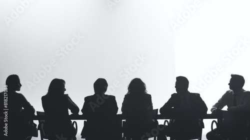 The photo shows a group of people sitting in a row, all facing the same direction. They are all wearing suits or formal business attire. The background is a blur of light. The photo is taken from a