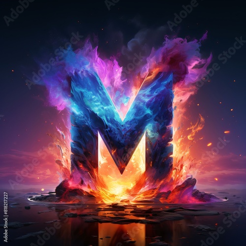 Burning letter M in the form of a colorful explosion on a dark background