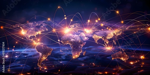 Night world map with golden lines connecting continents and cities symbolizing connectivity. Concept Global Connectivity, Night World Map, Golden Lines, Continents, Cities