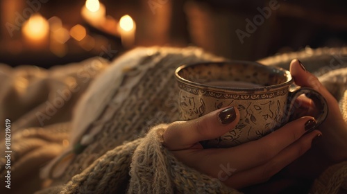The close up picture of the person is holding the cup of the coffee by their own hand to relax inside the living room for the relaxation near the window that has been shine with the sunlight. AIG43.