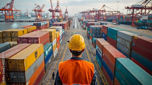An engineer inspects work at a port with many containers.