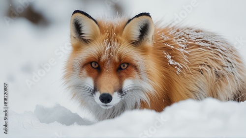 Red fox close-up view in snow landscape. Cold wildlife nature carnivorous animal. beauty of nature