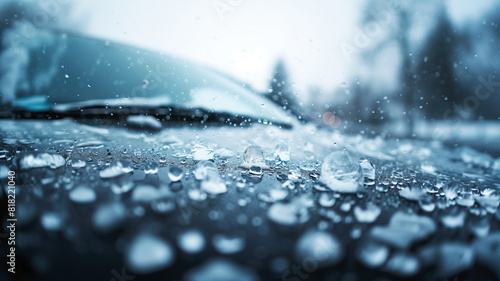 The hood and windshield of a car is pelted with rain and hail. A hailstorm, low angle, hail damaged car, hail damaged property