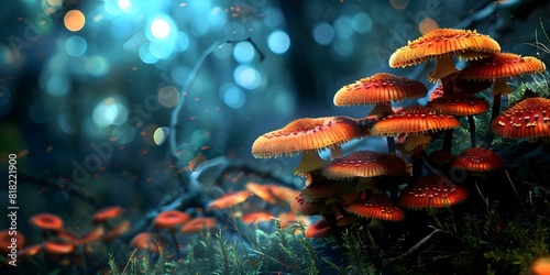 Mushrooms in forest with AIgenerated environment. Concept Mushroom Photography, Forest Scenery, AI Generated Environment