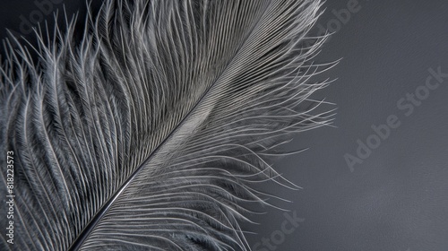 A detailed macro shot of a grey feather, showing the intricate barb structure, set against a deep grey matte background. 32k, full ultra HD, high resolution