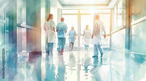 Medical professionals in a hospital setting, pastel watercolor style