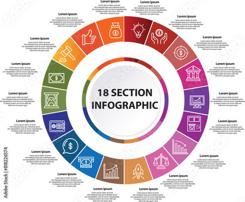 Collection of vector circle chart infographic templates for presentations, advertising, layouts, annual reports. 18 options, steps, parts