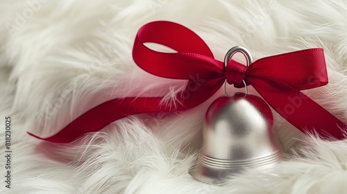 A silver sleigh bell tied with a red ribbon, resting on soft white fur, capturing the essence of holiday magic and celebration. 32k, full ultra HD, high resolution