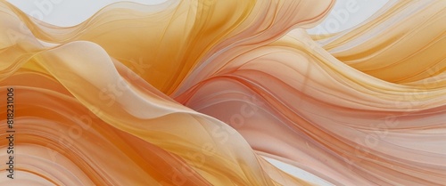 Intricately flowing peach full yellow white waves on light white background. Smooth curvy shape fluid background. Transparent smooth wave. Colored smoke whiffs and swirls