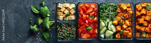 A contemporary setup of a vegan meal prep station, containers of cut vegetables and seasoned tofu ready, set on a polished concrete slab, ambient light accentuating the natural col