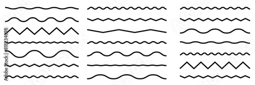 Wave line and wavy zigzag pattern lines. Vector black underlines, smooth end squiggly horizontal curvy squiggles on white background.