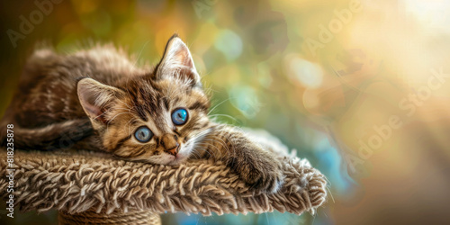 Adorable Kitten with Blue Eyes Relaxing on a Soft Perch in Natural Light