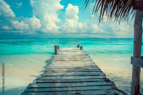 Serene Tropical Beach with Wooden Pier and Clear Blue Water under Partly Cloudy Sky
